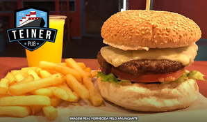 O Pub da Faculdade! Hambúrguer Gourmet Rio de Janeiro com batata frita OU cebola à milanesa no Teiner Pub, válido de quarta a sábado