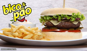 Bico & Pão é muito mais gostoso! Hambúrguer gourmet de picanha grelhada com batatas fritas e cebolas à milanesa