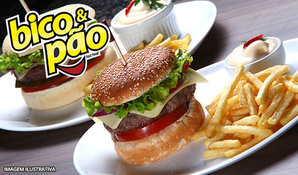 Bico & Pão é muito mais gostoso! Hambúrguer gourmet de picanha grelhada com batatas fritas e cebolas à milanesa