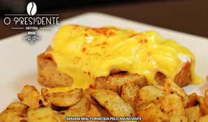 Breakfast do Presidente! Ovo benedict + panqueca de banana + cappuccino ou café na Cafeteria O Presidente, válido de segunda a sexta