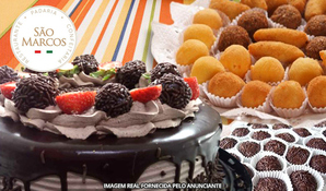 Kit festa! 100 salgados + 50 doces + torta de 2kg para 10 pessoas na Confeitaria e Padaria São Marcos em Nova Veneza, válido de segunda a sábado