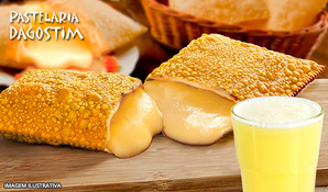 Escolha entre 18 opções! Pastel médio + suco de abacaxi na Pastelaria Dagostim no centro de Içara, válido de terça a domingo para consumo no local