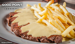 Almoce com sabor de comida caseira e muita qualidade! Buffet livre com 05 opções de carne na Good Point, válido de segunda a sexta