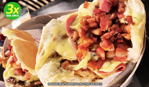 VISUAL LANCHES: X-Fernando com hambúrguer, frango e muitos outros ingredientes, para consumo no local ou retirada no balcão